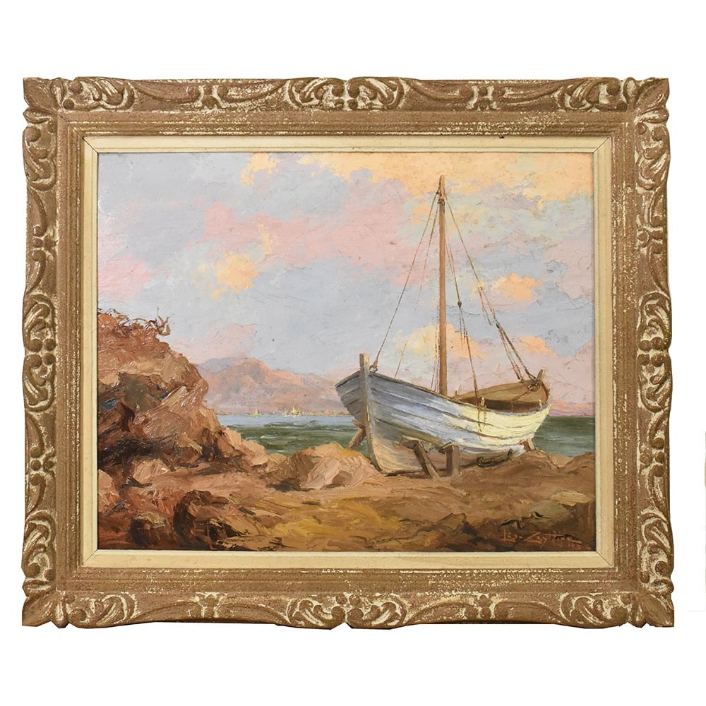 ANTIQUE PAINTINGS, SEA PAINTINGS, AZURE COAST MARINE WITH BOAT, OIL ON PANEL, EARLY 20TH CENTURY. (QM520)